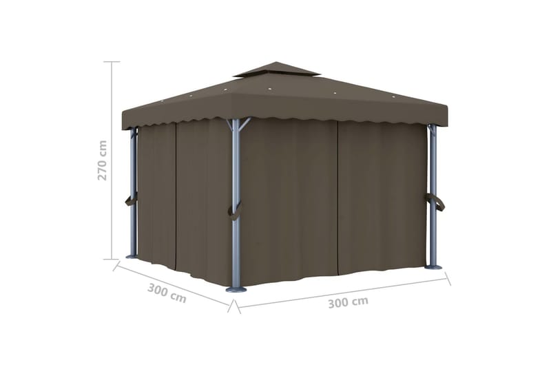 Paviljong med gardin og strenglys 3x3 m gråbrun - Taupe - Hagemøbler - Solbeskyttelse - Paviljonger - Komplett paviljong