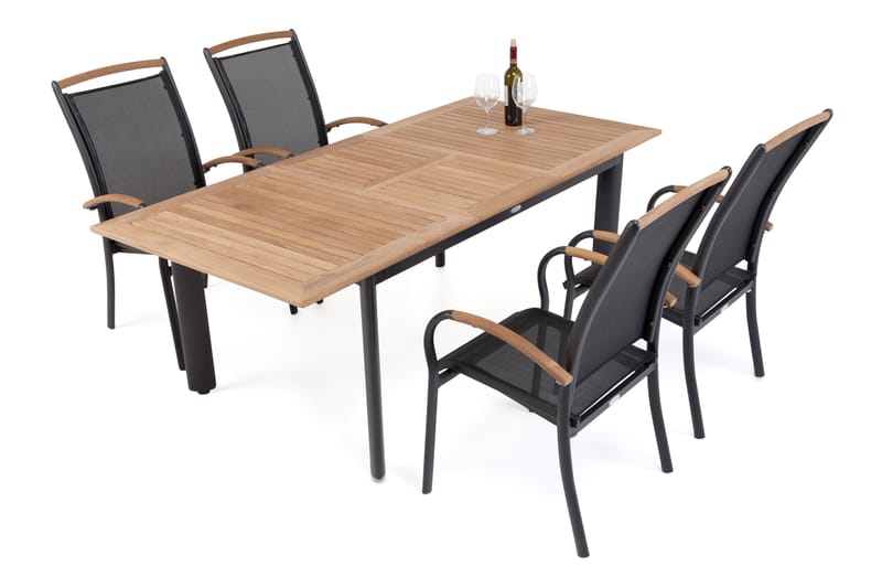 Hillerstorp Nydala Spisegruppe 96x150-200 + 4 Karmstoler - Teak/Svart - Hagemøbler - Hagegruppe - Spisegrupper hage