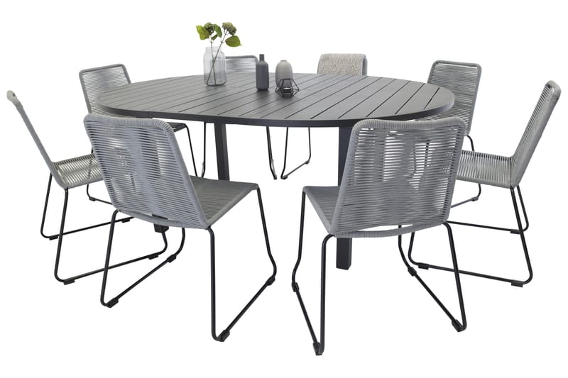 Marbella Spisegruppe 140 cm Rund med 8 Lindos Stoler - Svart - Hagemøbler - Hagegruppe - Spisegrupper hage