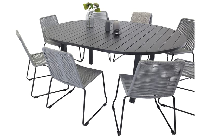 Marbella Spisegruppe 140 cm Rund med 8 Lindos Stoler - Svart - Hagemøbler - Hagegruppe - Spisegrupper hage