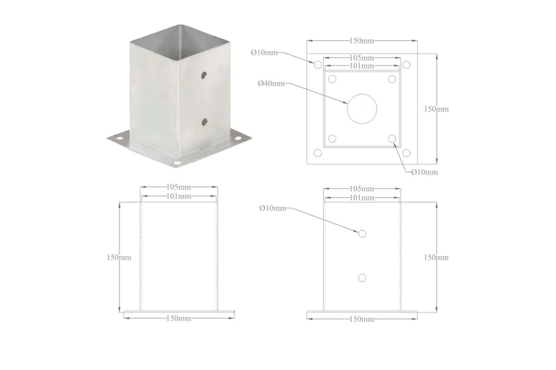 Stolpeankere 4 stk galvanisert metall 101 mm - Gjerdestolpe