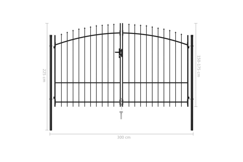 Hageport med dobbel dør og spisser stål 3x1,75 cm svart - Smijernsport & jernport - Grind utendørs