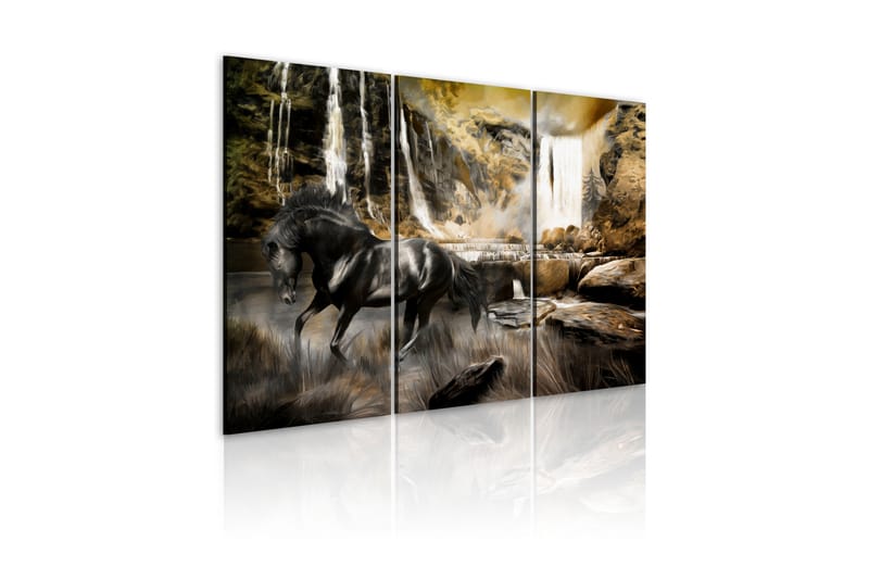 Bilde Black Horse And Rocky Waterfall 120x80 - Artgeist sp. z o. o. - Innredning - Bilder & kunst - Lerretsbilder