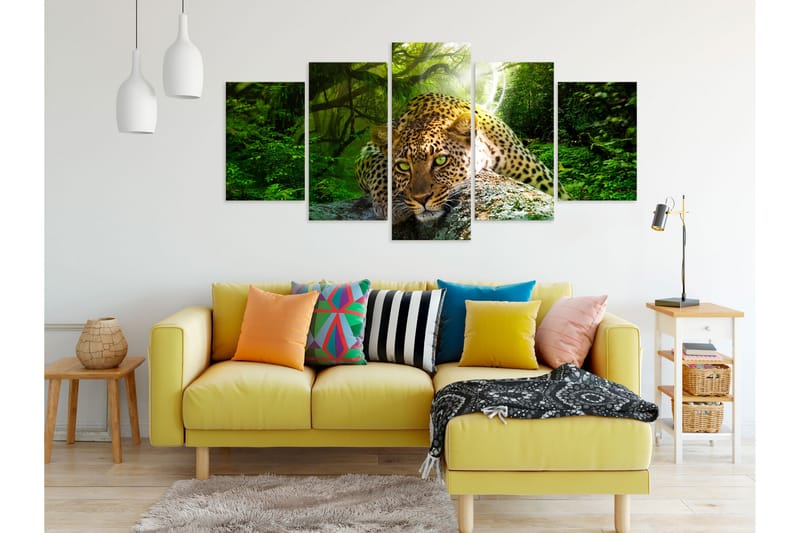 Bilde Leopard Lying 5 Parts Wide Green 200x100 - Artgeist sp. z o. o. - Innredning - Bilder & kunst - Lerretsbilder