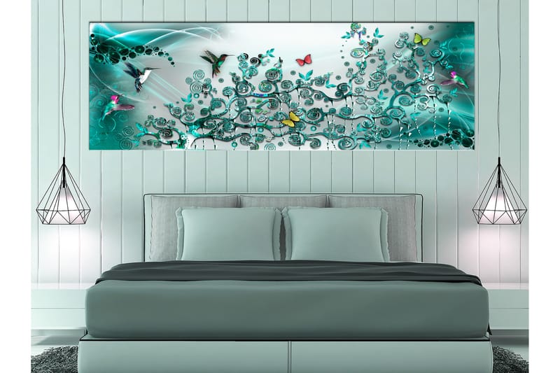 Tavle Hummingbirds Dance (1 Part) Turquoise Narrow 120X40 - Artgeist sp. z o. o. - Innredning - Bilder & kunst - Lerretsbilder