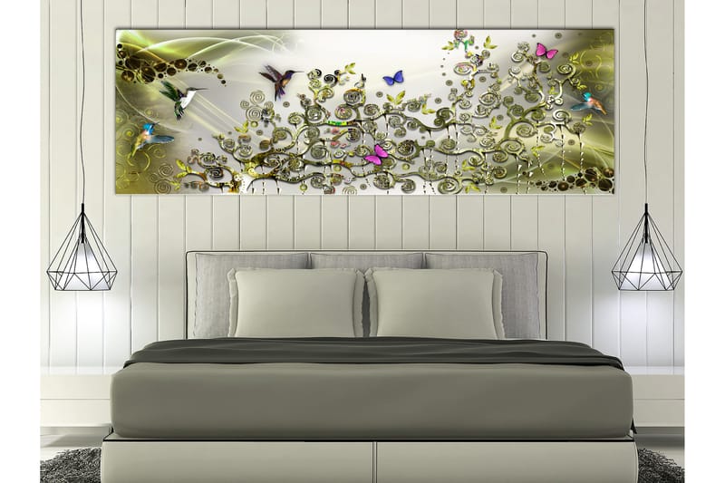 Tavle Hummingbirds Dance (1 Part) Green Narrow 150X50 - Artgeist sp. z o. o. - Innredning - Bilder & kunst - Lerretsbilder