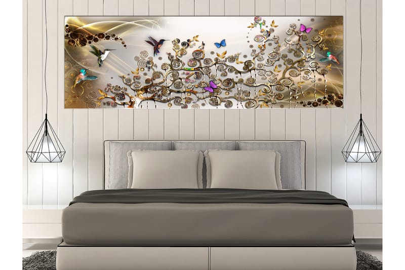 Tavle Hummingbirds Dance (1 Part) Gold Narrow 120X40 - Artgeist sp. z o. o. - Innredning - Bilder & kunst - Lerretsbilder