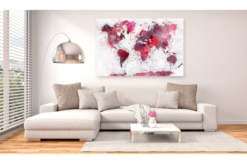 Tavle World Map: Red Watercolors (1 Part) Wide 90X60 - Artgeist sp. z o. o. - Innredning - Bilder & kunst - Lerretsbilder