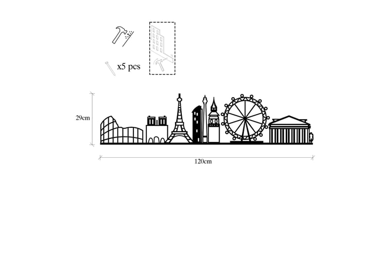 European Cities Skyline Veggdekor - Svart - Innredning - Veggdekorasjon - Skilt - Metallskilt