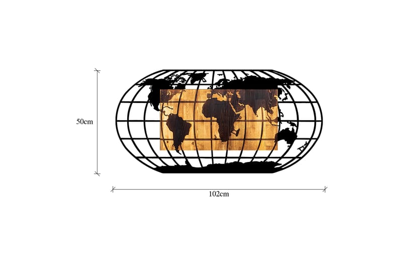 World Map 2 Veggdekor - Svart/Valnøtt - Innredning - Veggdekorasjon - Skilt - Metallskilt