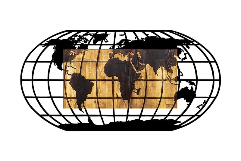 World Map 2 Veggdekor - Svart/Valnøtt - Innredning - Veggdekorasjon - Skilt - Metallskilt