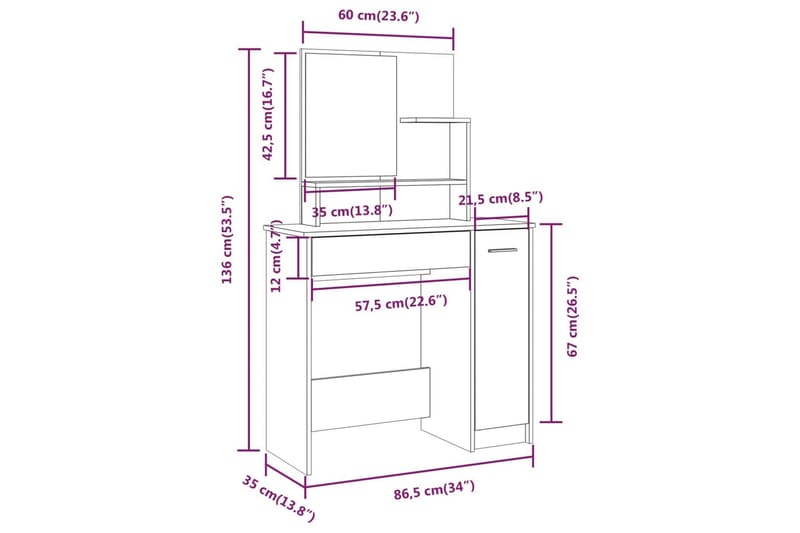 beBasic Sminkebord med speil hvit 86,5x35x136 cm - Hvit - Sminkebord & toalettbord