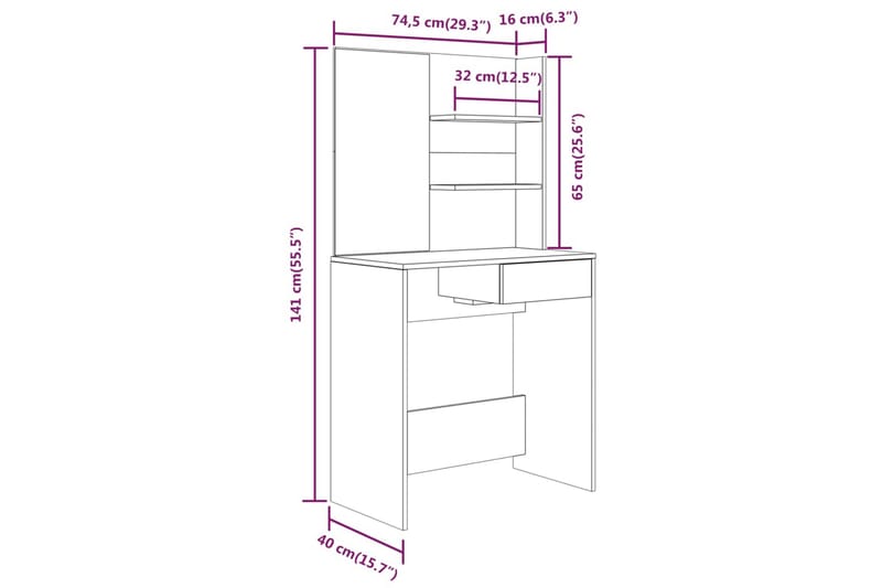 beBasic Sminkebord med speil sonoma eik MDF 74,5x40x141 cm - Brun - Møbler - Bord - Sminkebord & toalettbord