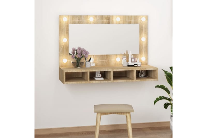 beBasic Speilskap med LED sonoma eik 90x31,5x62 cm - Brun - Møbler - Bord - Sminkebord & toalettbord