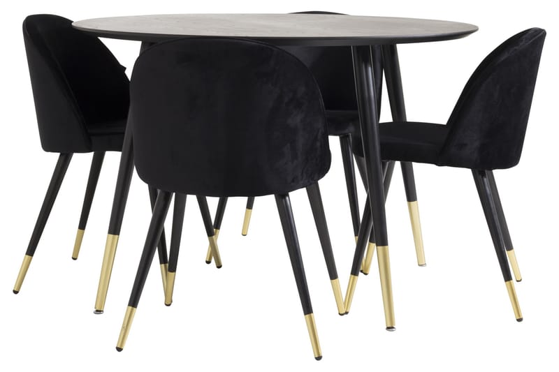 Dipp Spisegruppe 115 cm Rund med 4 Velvet Stoler - Sort/Guld - Møbler - Bord - Spisegrupper