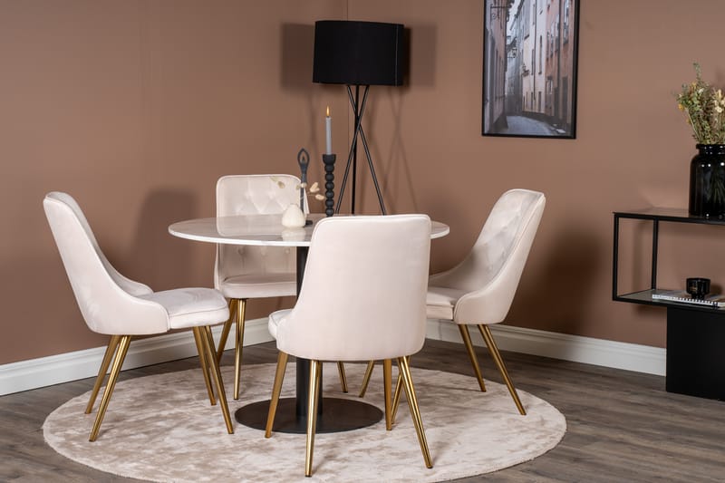 Estelle Spisegruppe 106 cm Rund med 4 Velvet Stoler - Beige - Møbler - Bord - Spisegrupper