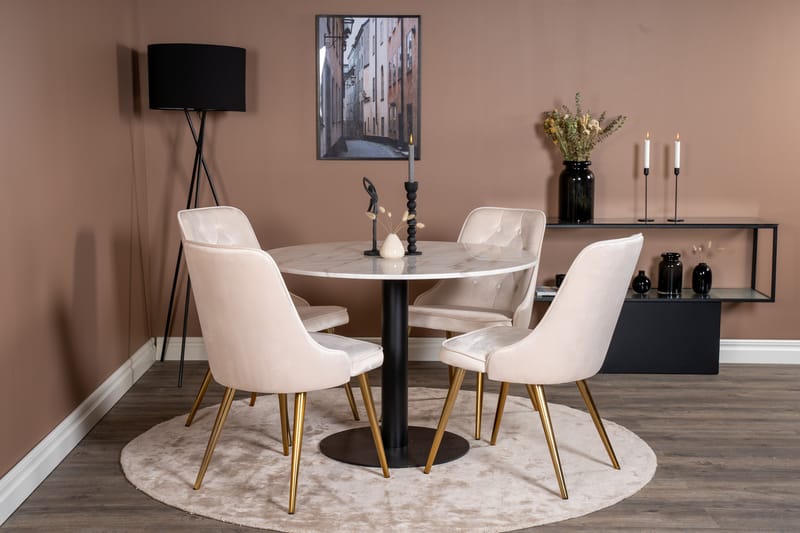 Estelle Spisegruppe 106 cm Rund med 4 Velvet Stoler - Beige - Møbler - Bord - Spisegrupper