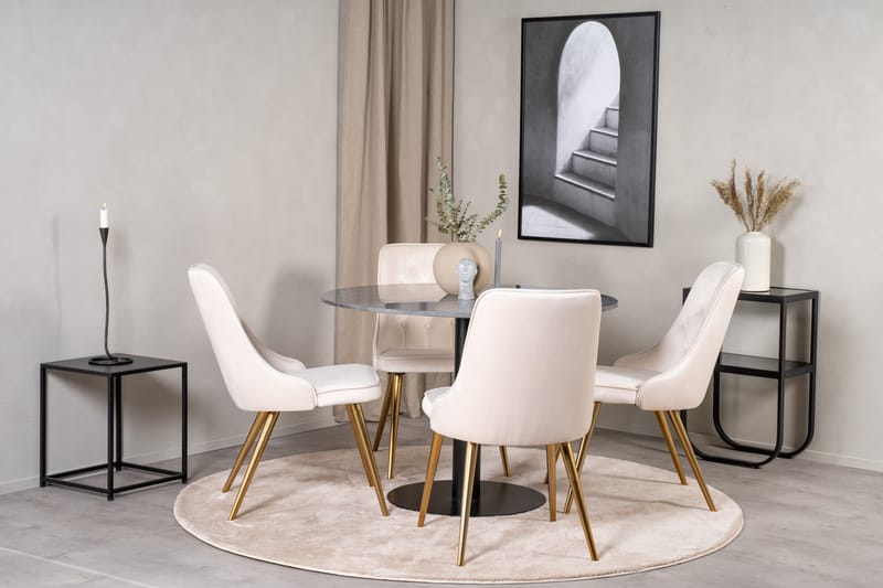 Estelle Spisegruppe 106 cm Rund med 4 Velvet Stoler - Beige - Møbler - Bord - Spisegrupper