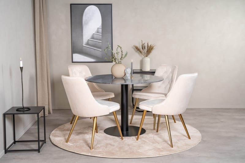 Estelle Spisegruppe 106 cm Rund med 4 Velvet Stoler - Beige - Møbler - Bord - Spisegrupper