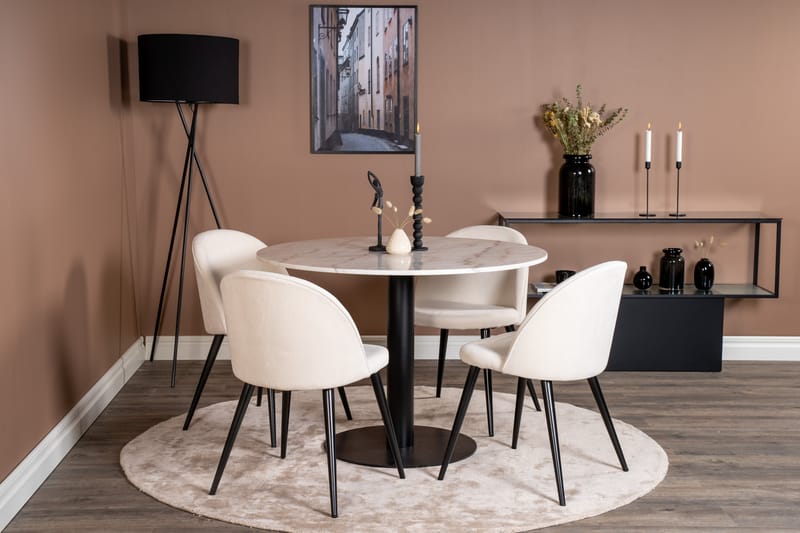 Estelle Spisegruppe 106 cm Rund med 4 Velvet Stoler - Beige - Møbler - Bord - Spisegrupper