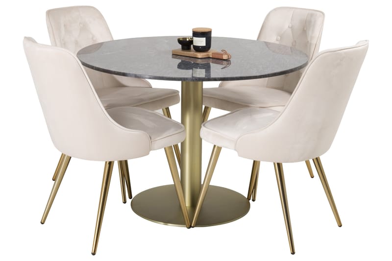 Estelle Spisegruppe 106 cm Rund med 4 Velvet Stoler - Beige - Møbler - Bord - Spisegrupper