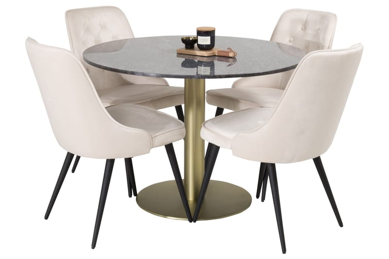 Estelle Spisegruppe 106 cm Rund med 4 Velvet Stoler - Beige - Møbler - Bord - Spisegrupper