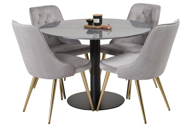 Estelle Spisegruppe 106 cm Rund med 4 Velvet Stoler - Sort/Guld - Møbler - Bord - Spisegrupper