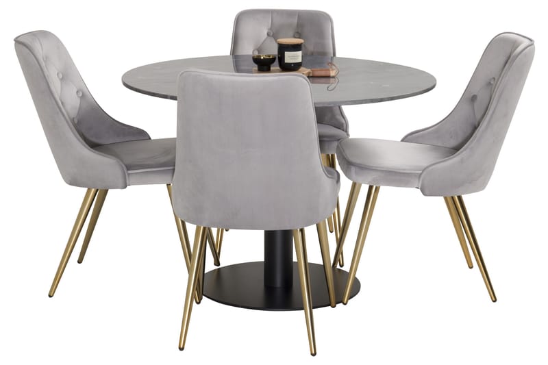 Estelle Spisegruppe 106 cm Rund med 4 Velvet Stoler - Sort/Guld - Møbler - Bord - Spisegrupper