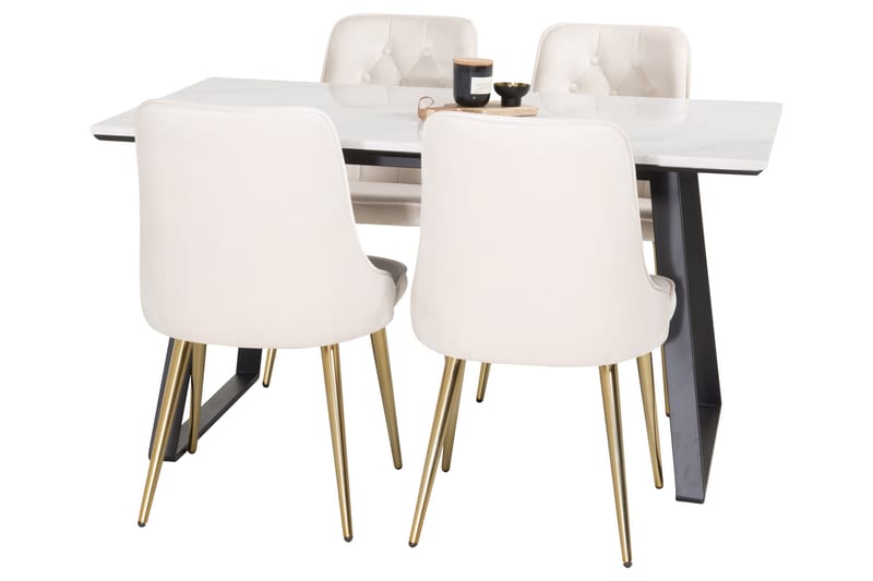 Estelle Spisegruppe 140 cm Rektangulær med 4 Velvet Stoler - Beige - Møbler - Bord - Spisegrupper