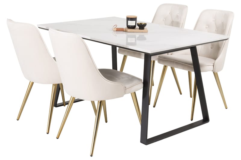 Estelle Spisegruppe 140 cm Rektangulær med 4 Velvet Stoler - Beige - Møbler - Bord - Spisegrupper