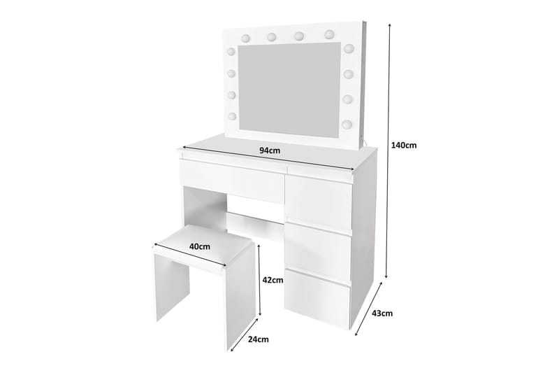 Glow Sminkebord 94 cm med speil skuffer og krakk - LED Belysning - Hvit - Møbler - Bord - Sminkebord & toalettbord