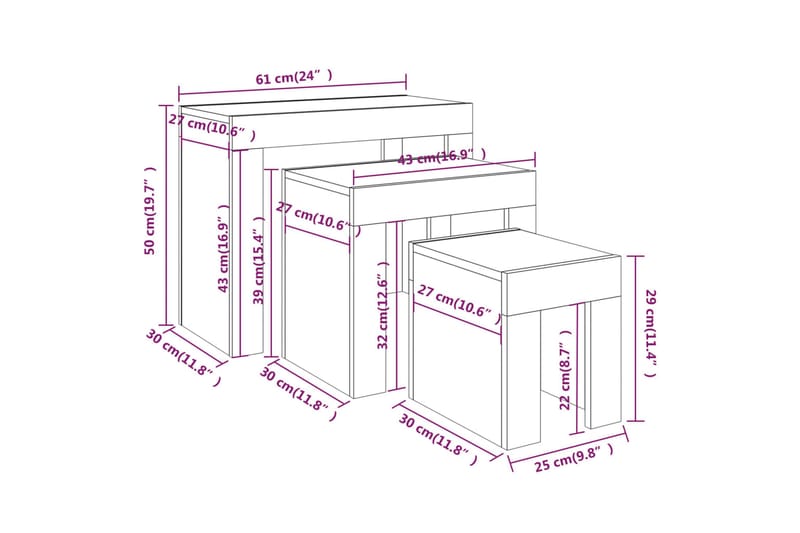 beBasic Stablebare salongbord 3 stk brun eik konstruert tre - Brun - Møbler - Bord - Avlastningsbord - Lampebord & sidebord