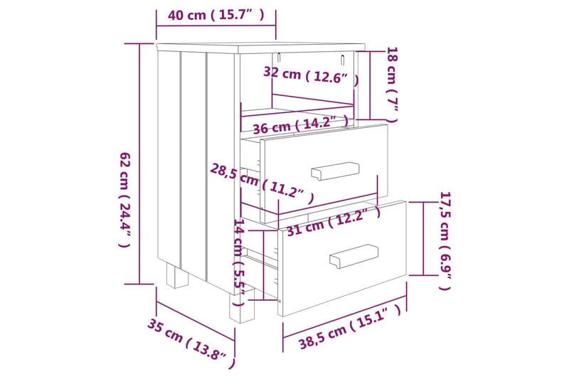 Nattbord 2 stk honningbrun 40x35x62 cm heltre furu - Brun - Møbler - Bord - Avlastningsbord - Sengebord & nattbord