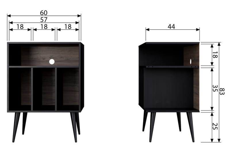 Seamas Nattbord 60 cm med Oppbevaring Hyller - Valnøtt/Svart - Møbler - Bord - Avlastningsbord - Sengebord & nattbord