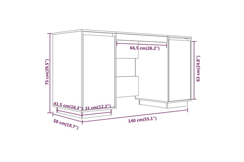 beBasic Skrivebord hvit 140x50x75 cm heltre furu - Hvit - Møbler - Bord - Kontorbord - Skrivebord