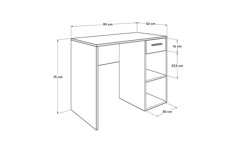 Irbene Skrivebord 90 cm med Oppbevaring Skuff + 2 Hyller - Hvit - Møbler - Bord - Kontorbord - Skrivebord