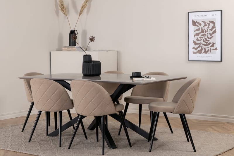 Piazza Spisegruppe 180 cm Rektangulær med 6 Velvet Stoler - Beige - Møbler - Bord - Spisegrupper