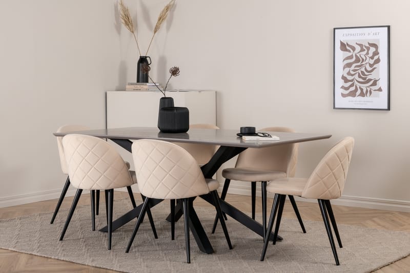 Piazza Spisegruppe 180 cm Rektangulær med 6 Velvet Stoler - Beige - Møbler - Bord - Spisegrupper