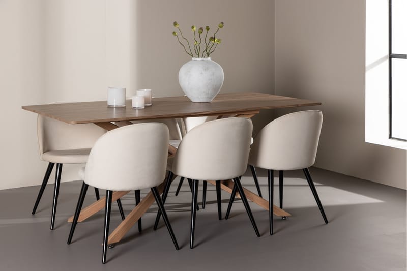 Piazza Spisegruppe 180 cm Rektangulær med 6 Velvet stoler - Mocca/Beige - Møbler - Bord - Spisegrupper