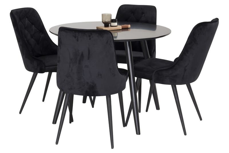 Plaza Spisegruppe 100 cm Rund med 4 Velvet Stoler - Sort - Møbler - Bord - Spisegrupper