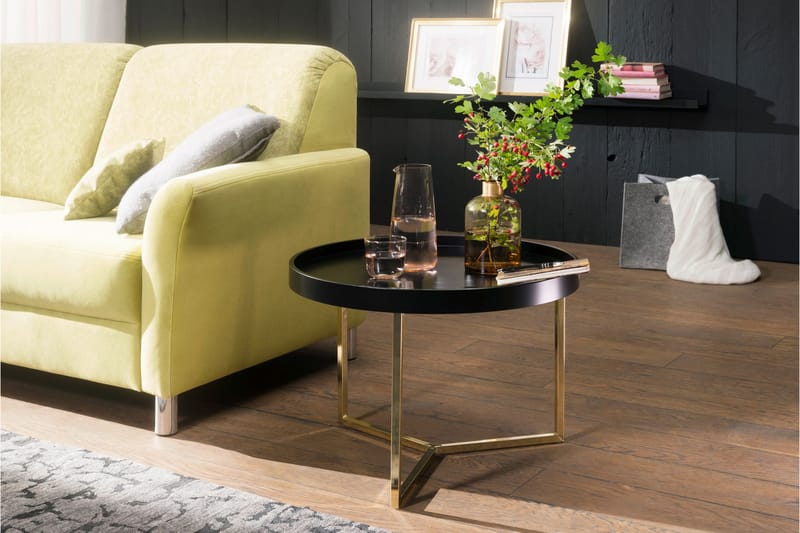 Dhir Sofabord 59 cm Rundt - Svart/Gull - Sammenleggbart bord - Speilbord - Sofabord - Sofabord med oppbevaring - Sofabord med hjul - Hev og senkbart sofabord