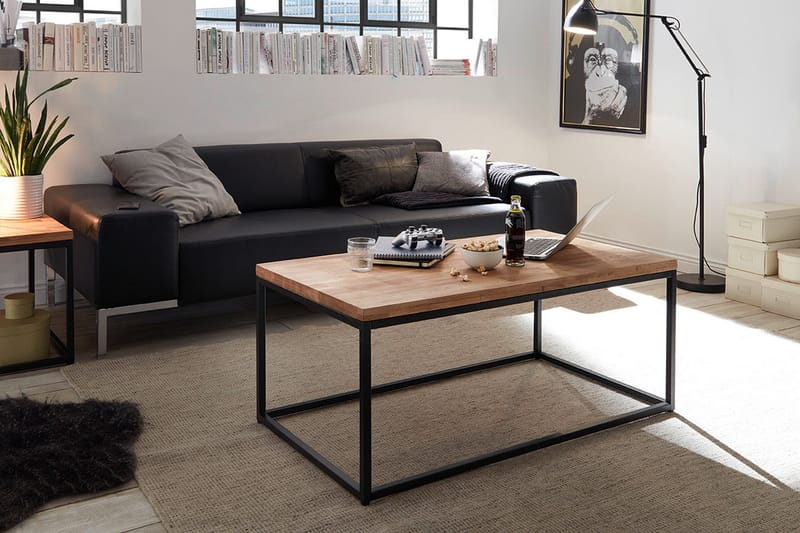 Sakura Sofabord 110 cm - Eik/Svart - Sofabord - Sammenleggbart bord - Speilbord - Sofabord med oppbevaring - Sofabord med hjul - Hev og senkbart sofabord