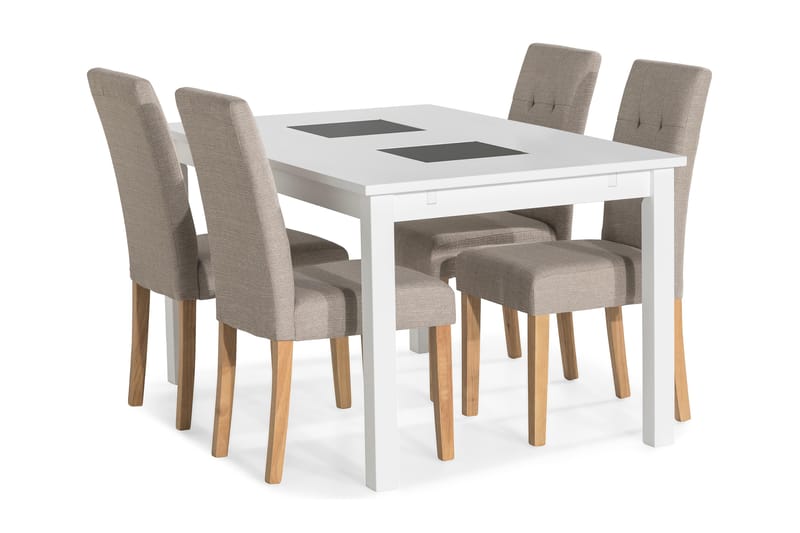 Jasmin Forlengningsbar Spisegruppe 140 cm med 4 Viktor Stol - Hvit/Beige/Eik - Møbler - Bord - Spisegrupper