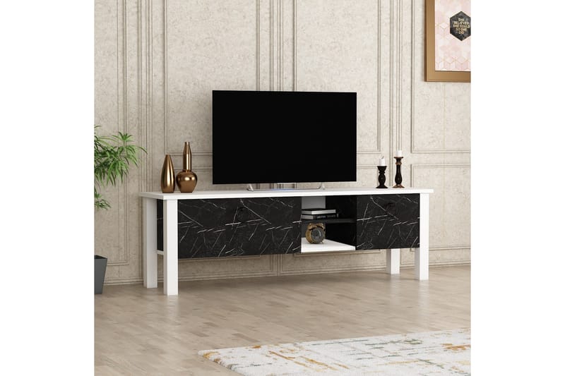 Perrenmies TV-benk 140x35 cm Hvit/Svart - Hanah Home - Møbler - Mediamøbel & tv møbel - TV-benk & mediabenk