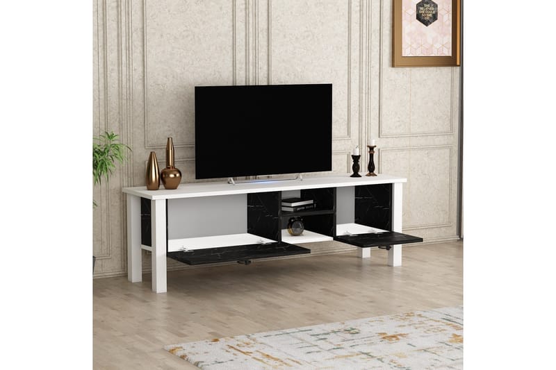 Perrenmies TV-benk 140x35 cm Hvit/Svart - Hanah Home - Møbler - Mediamøbel & tv møbel - TV-benk & mediabenk