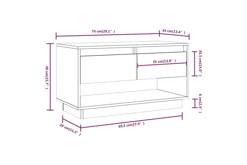 TV-benk hvit 74x34x40 cm heltre furu - Hvit - Møbler - Mediamøbel & tv møbel - TV-benk & mediabenk