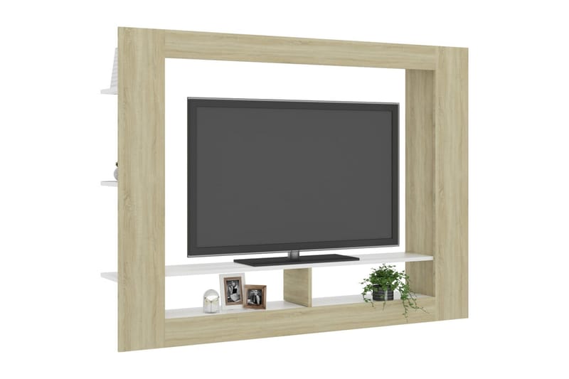 TV-benk hvit og sonoma eik 152x22x113 cm sponplate - Møbler - Mediamøbel & tv møbel - TV-benk & mediabenk