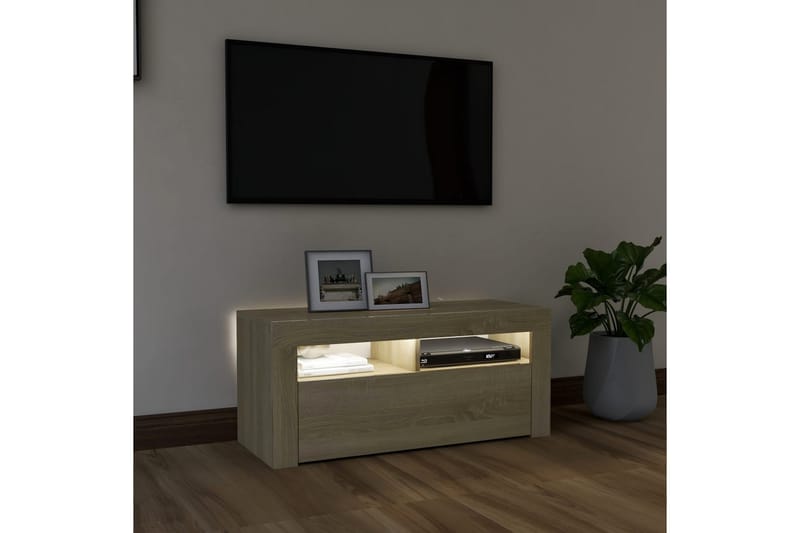 TV-benk med LED-lys sonoma eik 90x35x40 cm - Brun - Møbler - Mediamøbel & tv møbel - TV-benk & mediabenk