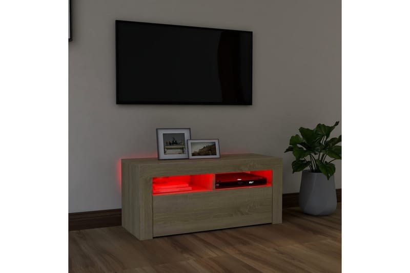 TV-benk med LED-lys sonoma eik 90x35x40 cm - Brun - Møbler - Mediamøbel & tv møbel - TV-benk & mediabenk