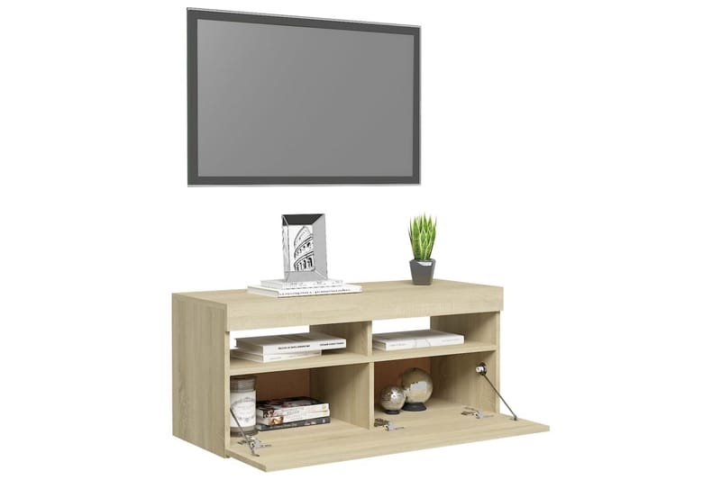 TV-benk med LED-lys sonoma eik 90x35x40 cm - Brun - Møbler - Mediamøbel & tv møbel - TV-benk & mediabenk